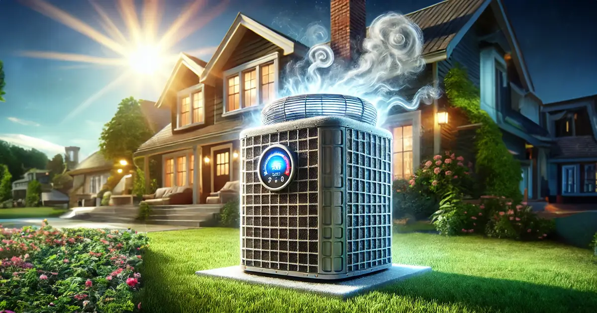 A comical image of an air conditioner working so hard, there is smoke rising from it.