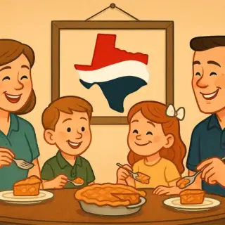 A happy family digging into some delicious apple pie in their nice cool home.