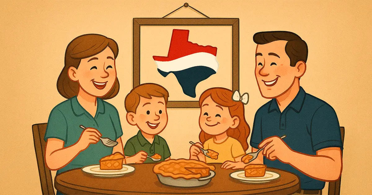 A happy family digging into some delicious apple pie in their nice cool home.
