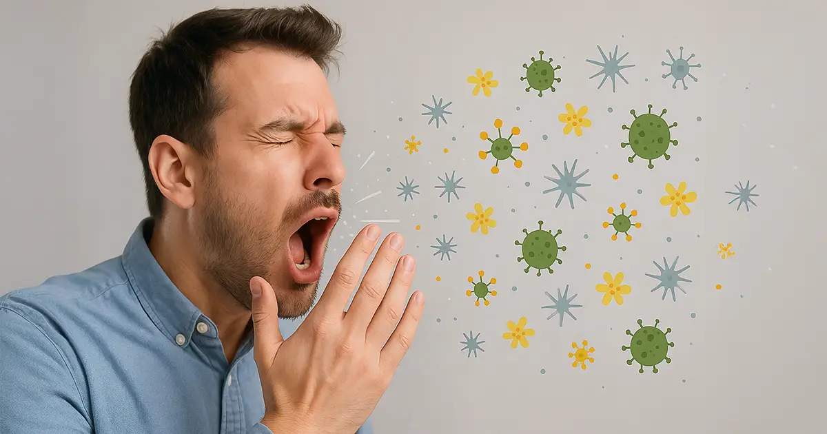 A man sneezes, and spews germs into the air.