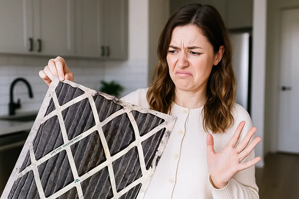 A woman, disgusted by her dirty hvac filter, wishes she had checked it more often.