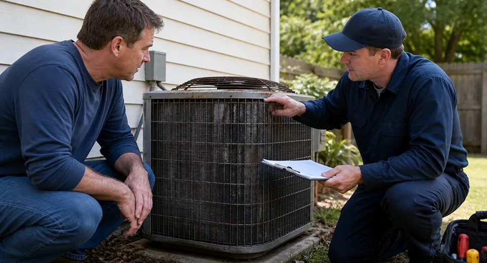 One of our technicians helps a customer decide whether to repair or replace his old AC.