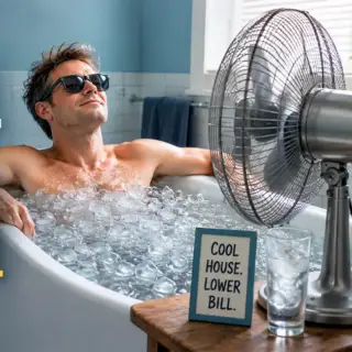 Man in sunglasses relaxing in ice bath next to pedestal fan, illustrating energy-efficient home cooling alternatives