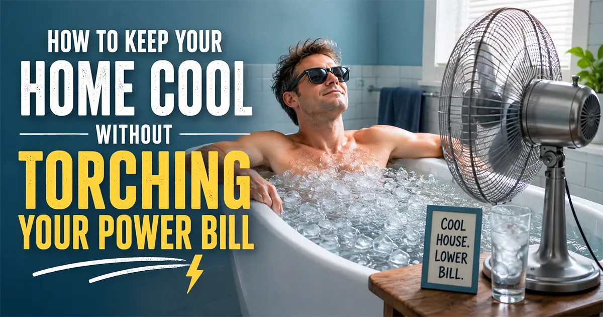 Man in sunglasses relaxing in ice bath next to pedestal fan, illustrating energy-efficient home cooling alternatives