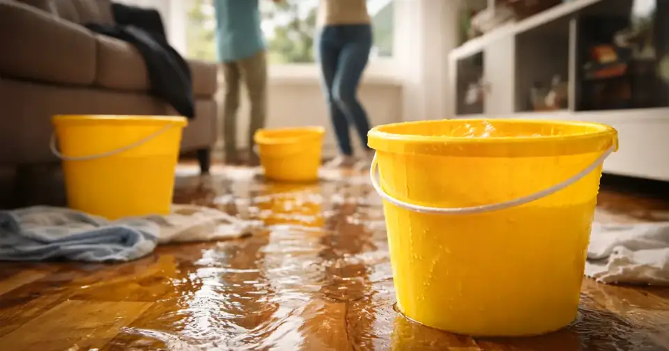Buckets and towels in the aftermath of a flooded kitchen due to burst pipes.