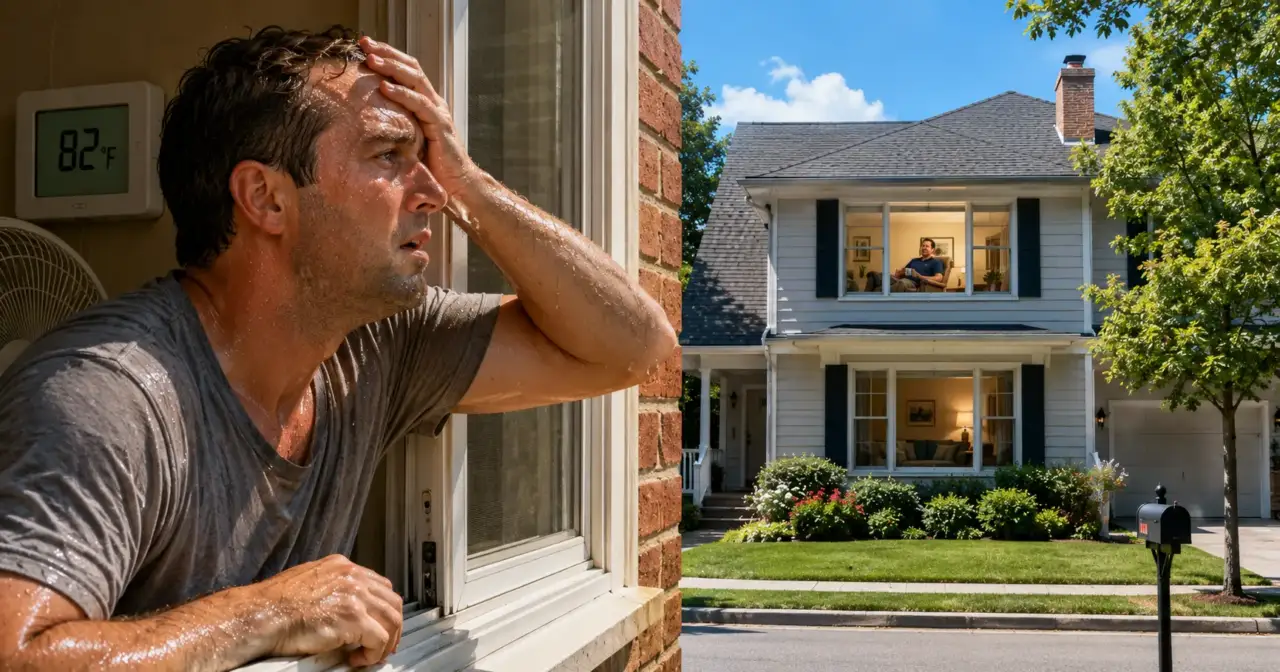 Man wiping sweat from forehead inside home with thermostat reading 82°F visible on wall